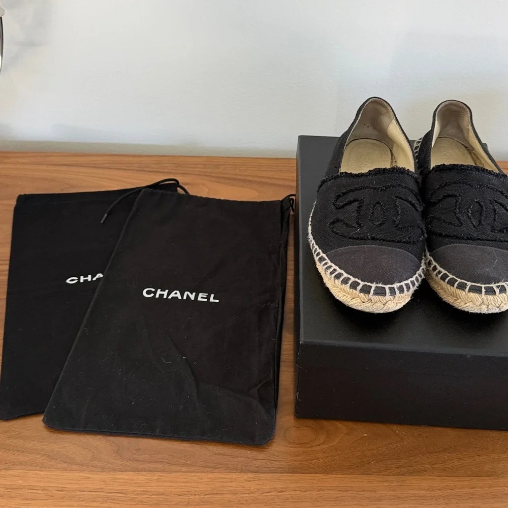 AUTHENTIC CHANEL Black Canvas Espadrilles